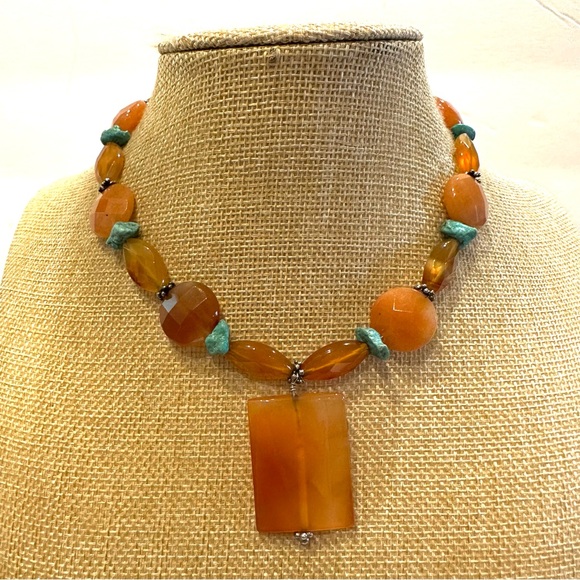Gorgeous Genuine Carnelian / Agate Gemstone and turquoise chips, silver tone - Picture 3 of 12